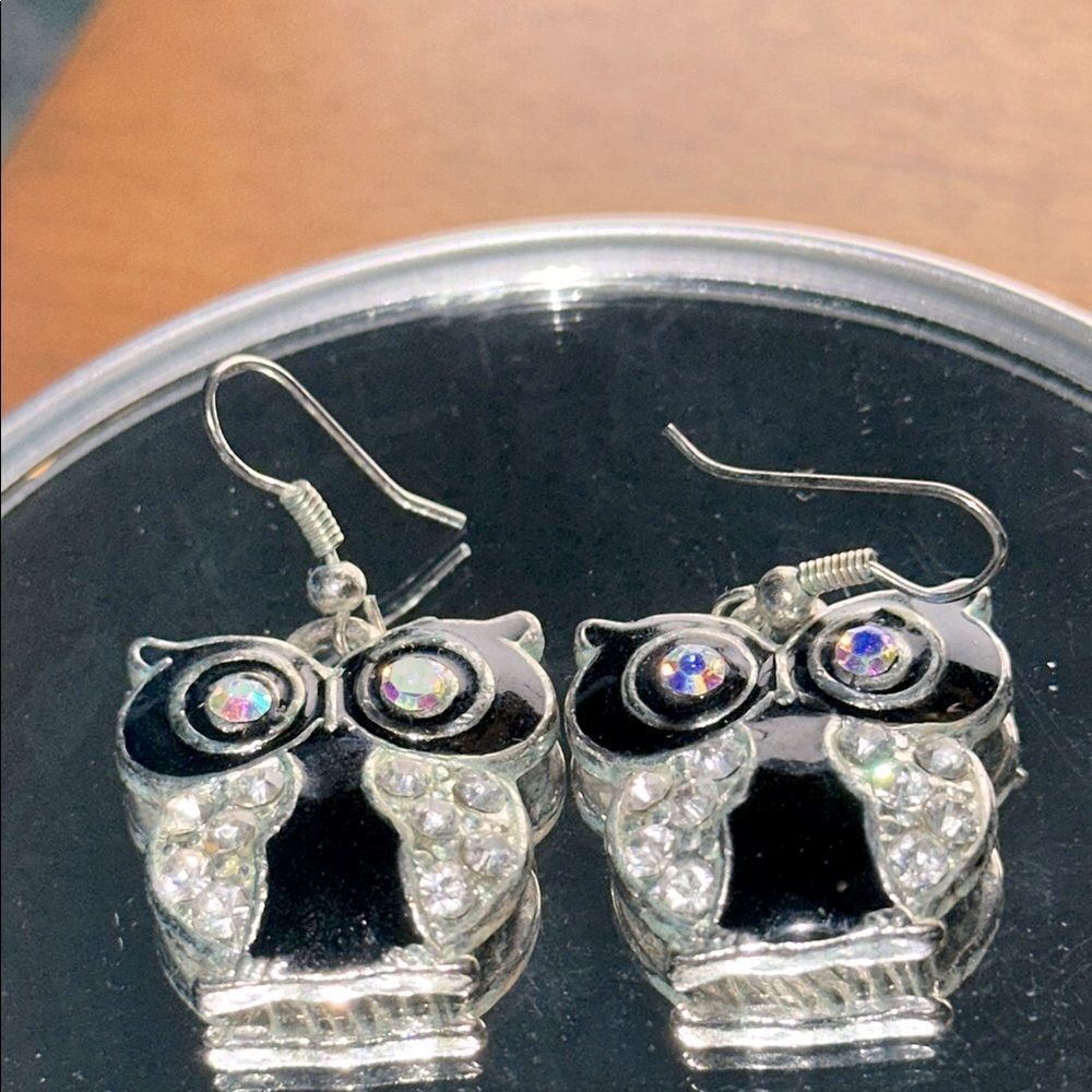 Silver Tone and Black Enamel Painted with Rhinestones Owl Drop Wire Earrings‎
